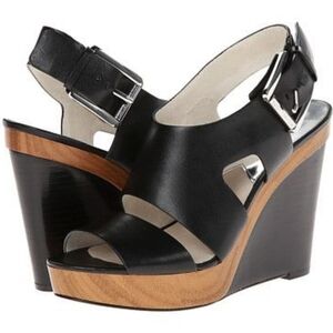 MICHAEL Kors Carla Black Leather Faux Wood Platform Wedge Strappy Sandal 9.5